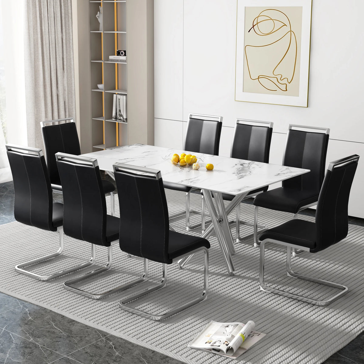 Rectangular Glass Dining Table for 6-8 People with Tempered Glass Top and Silver Metal Legs S1926