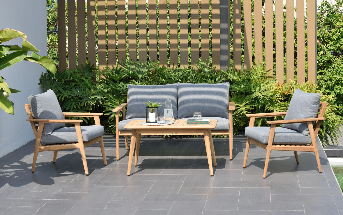 4 Pieces Teak Patio Deep Seating Set with Olefin Cushions D158894