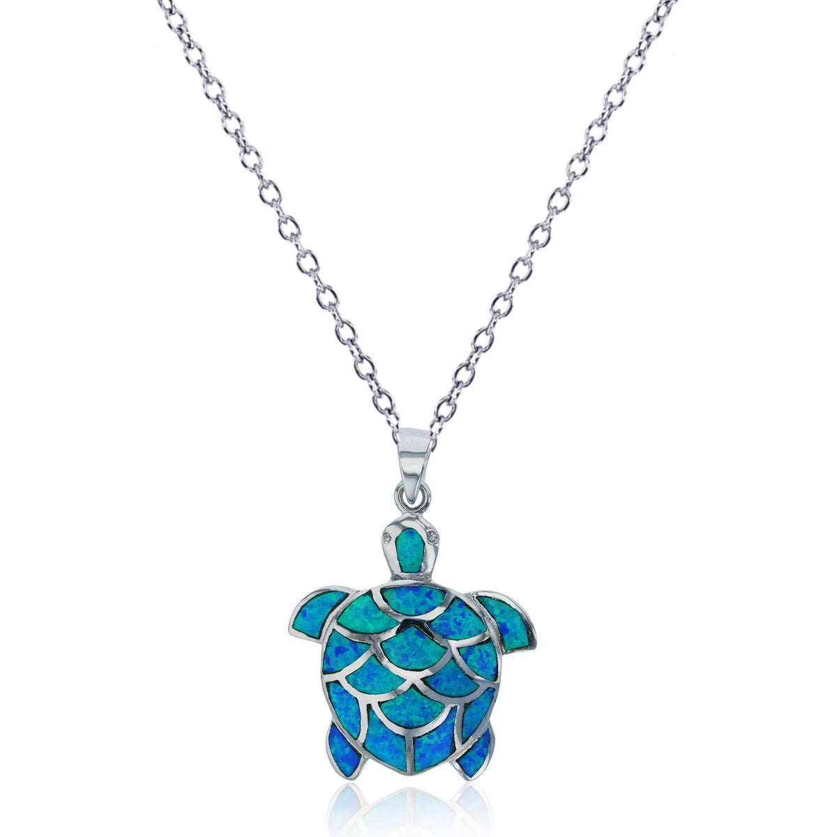 18" Rhodium Created Blue Opal Turtle Dangling Necklace Z9391