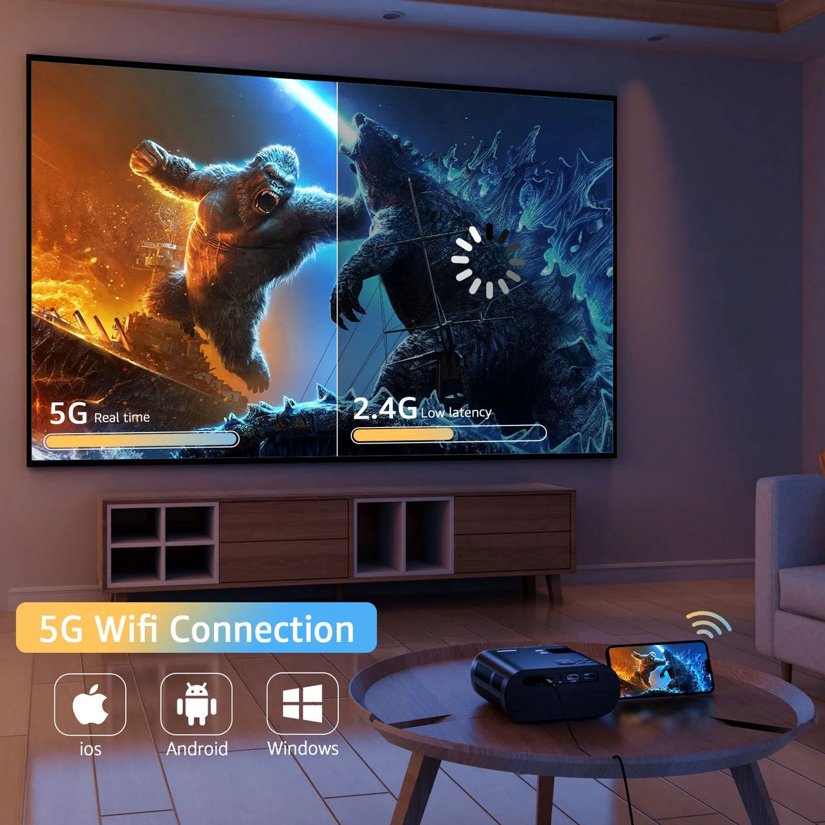 5G Wifi Mini Projector with 100 Projector Screen, Full HD 1080P, Black Y19233
