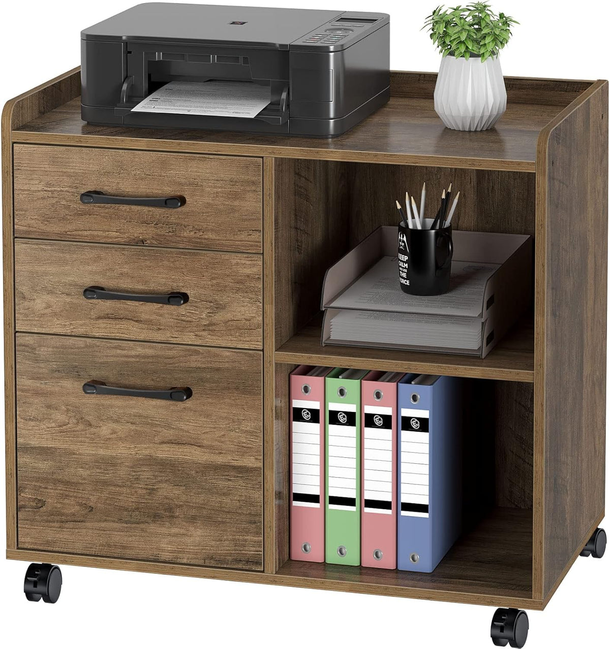 Black 3-Drawer Mobile Lateral File Cabinet with Open Storage Shelf and Wheels J150