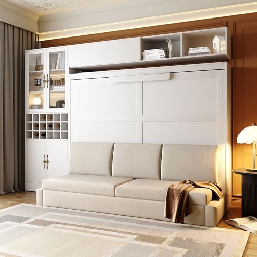 Grey Queen Size Murphy Bed with Sofa and Shelves H293