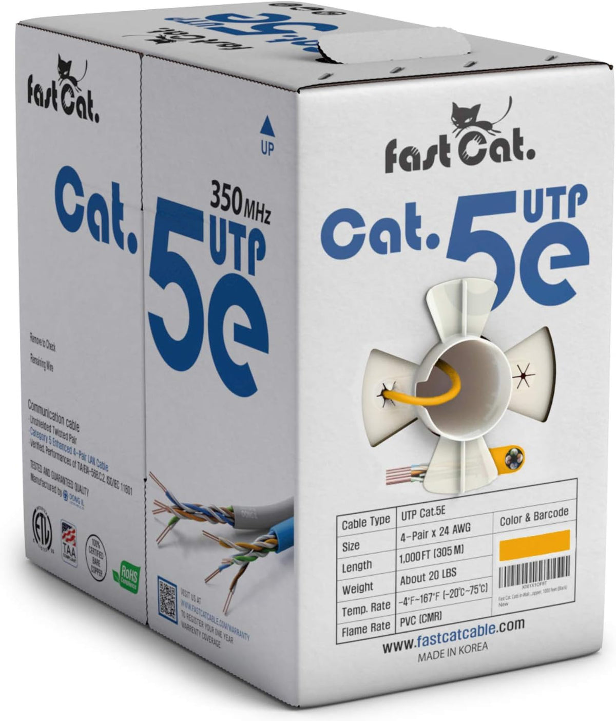 Cat5e Ethernet Cable 1000ft - 24 AWG CMR Insulated Bare Copper Wire UTP LAN Cable Y91834