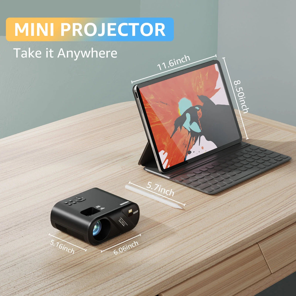 5G Wifi Mini Projector with 100 Projector Screen, Full HD 1080P, Black Y19233