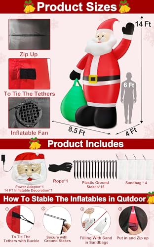 14 Ft by 8.5 Ft Giant Christmas Inflatable Santa Claus with Gift Bag Outdoor Decorations F794
