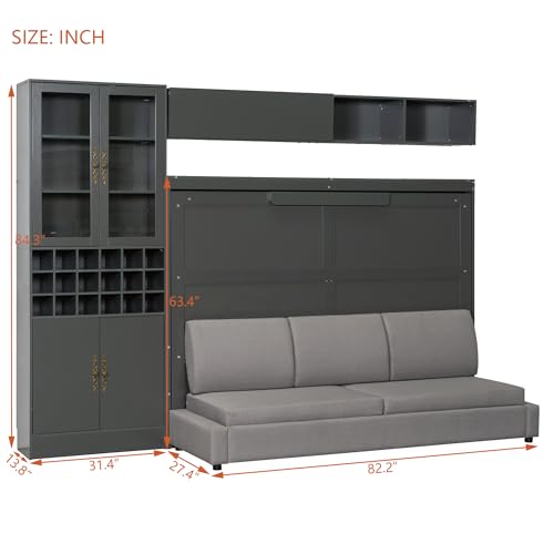 Grey Queen Size Murphy Bed with Sofa and Shelves H293