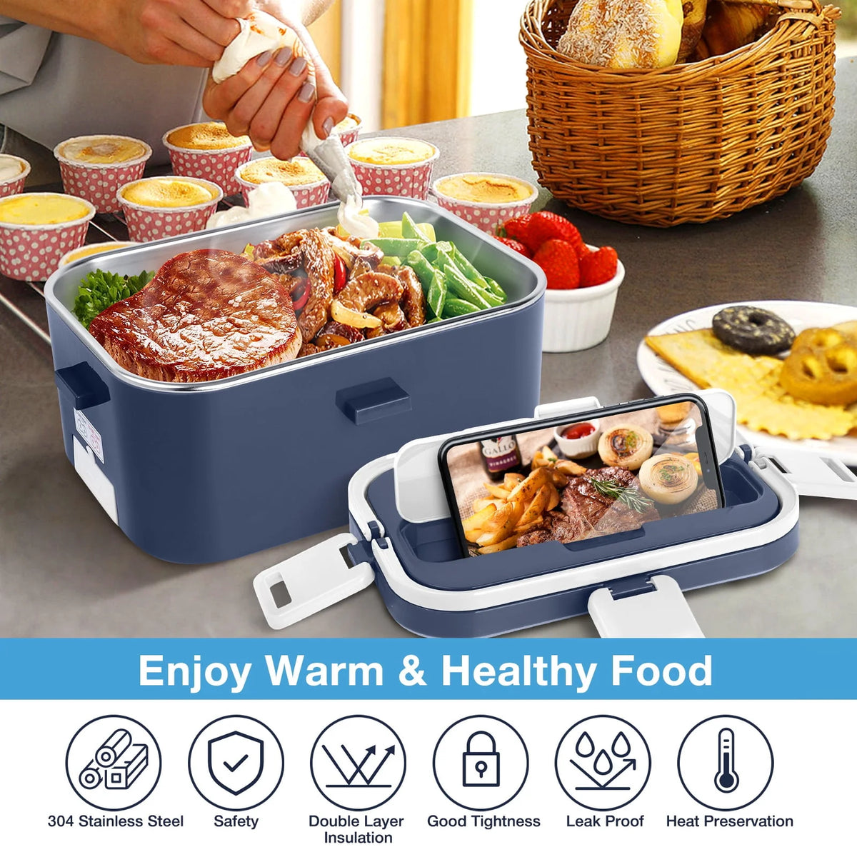 Electric Lunch Box Food Heater 60W 1.8L Stainless Steel Green Royal Blue K139966