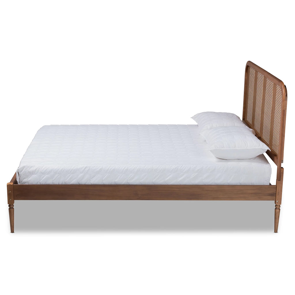Walnut Brown Wood and Synthetic Rattan Queen Size Platform Bed B460444