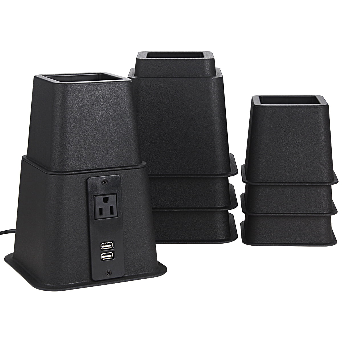 Black Adjustable Bed Riser with Power Outlet and USB Ports Set of 4 T886934