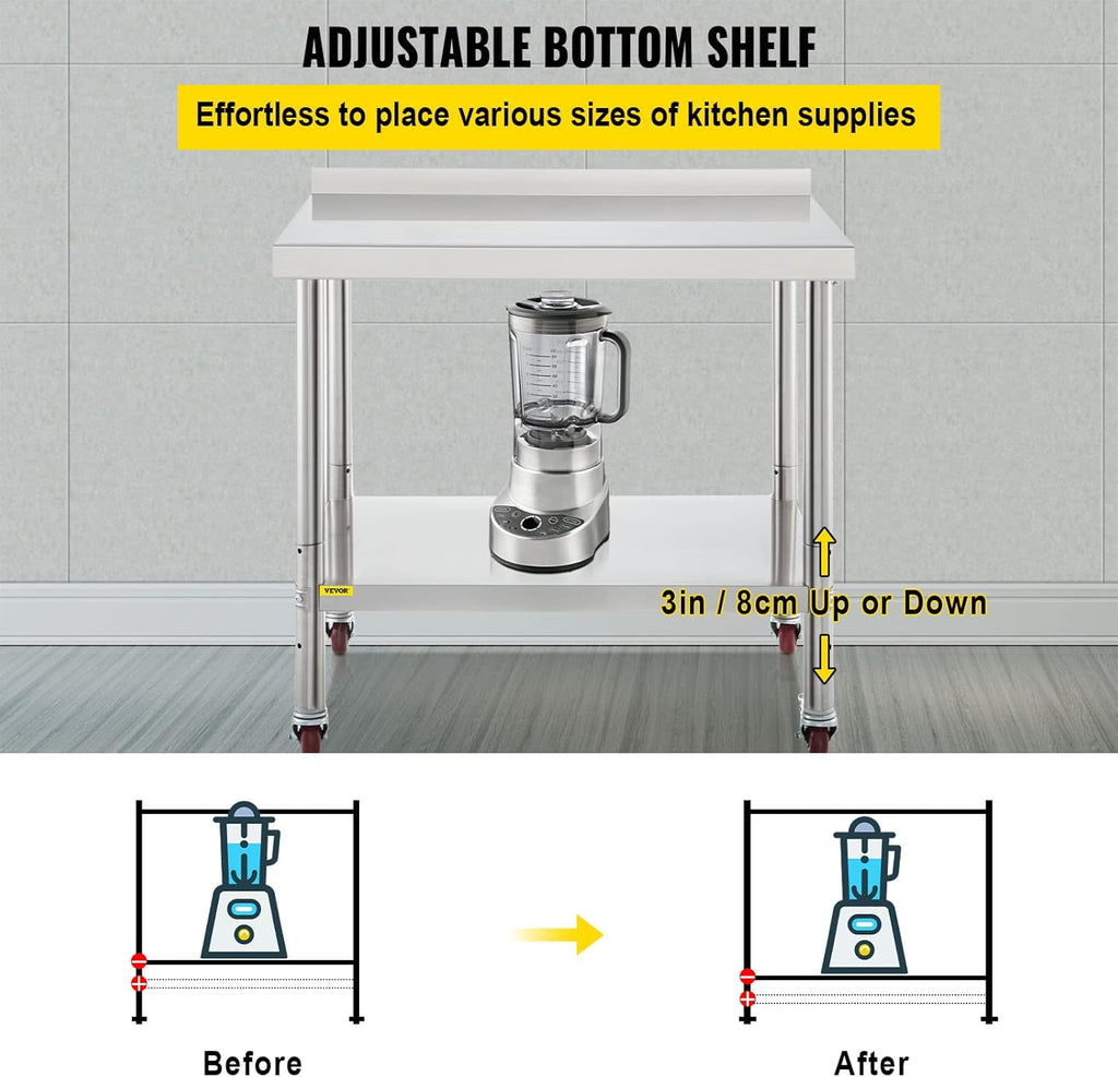 Stainless Steel Prep Table, 30 x 24 x 35 Inch, 440lbs Load Capacity, with Backsplash, Adjustable Undershelf & 4 Casters C81346