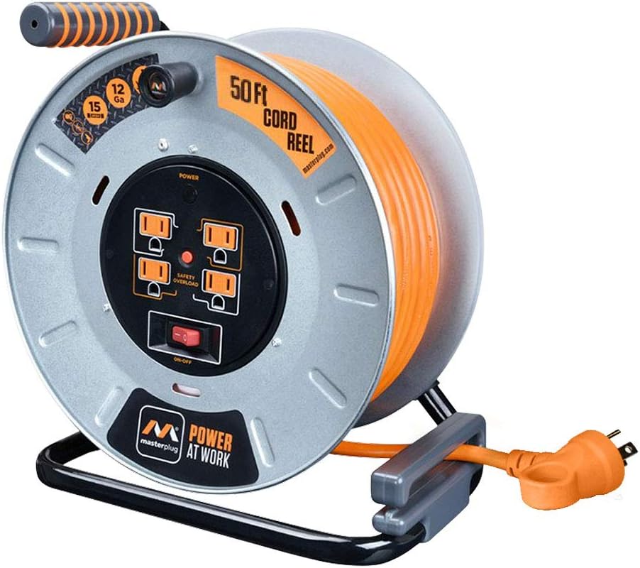 Heavy Duty Metal Cord Reel with 4 Outlets and 12 Gauge Cord (100ft) L46429