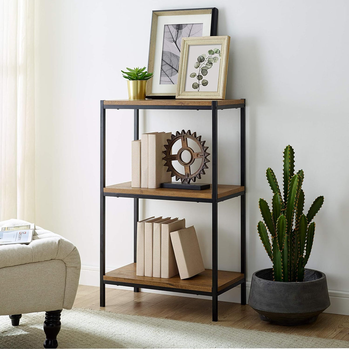 3 Tier Rustic Industrial Bookshelf with Open Shelves G903184