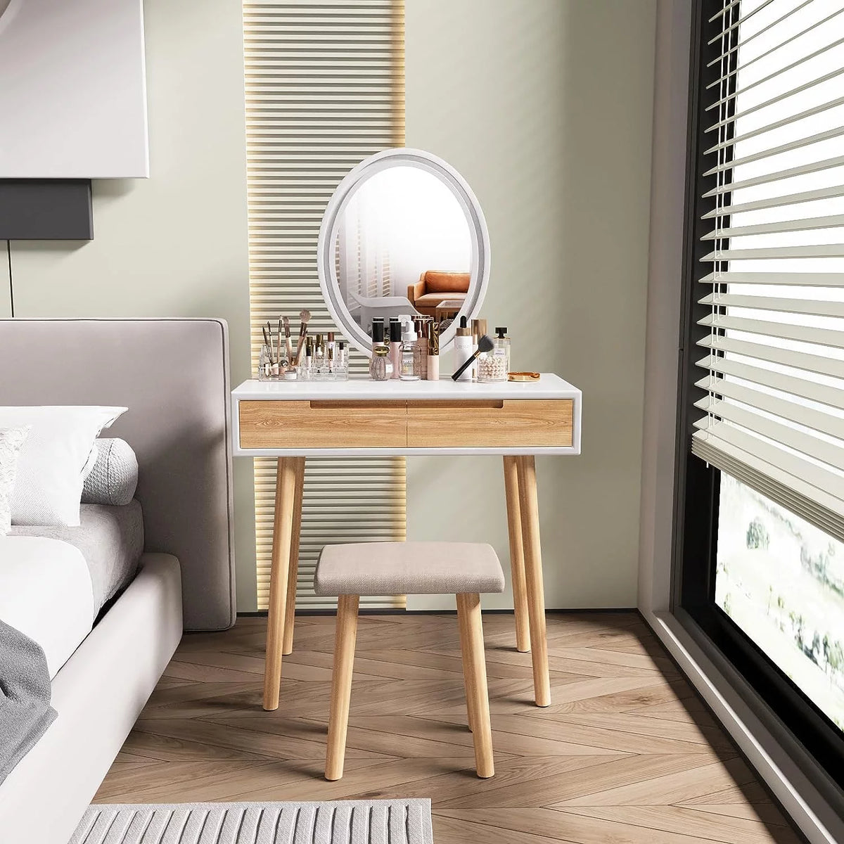 31.5'' Makeup Vanity Desk with Oval Mirror and Stool C60511