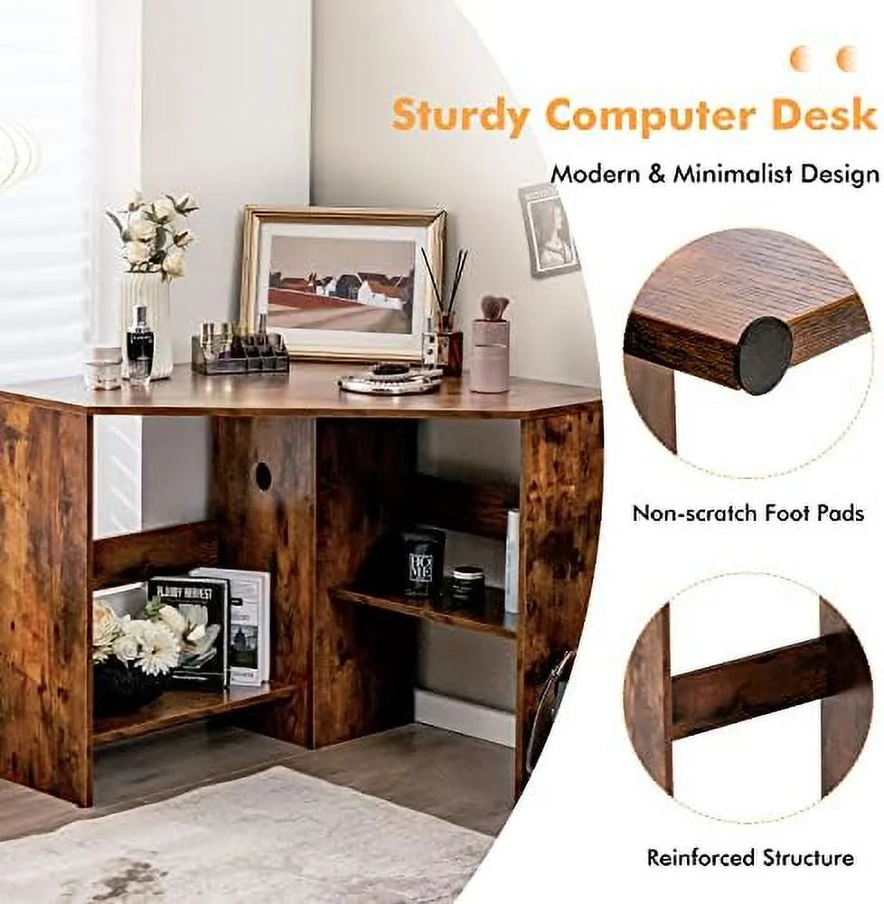 Corner Computer Desk Triangular Writing Desk with 2 Shelves W13936