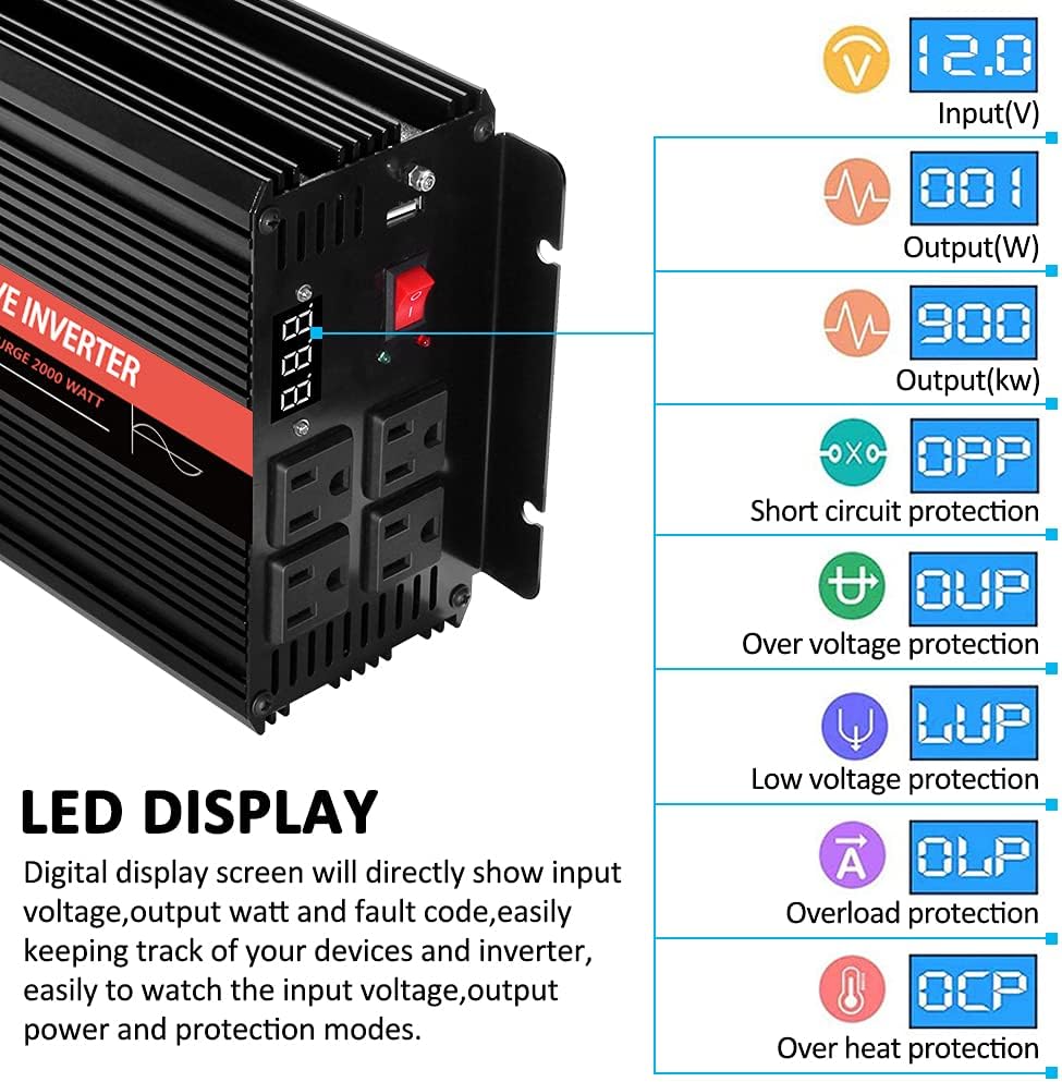 1000 Watt Pure Sine Wave Inverter 12v DC to 110/120v AC J2105