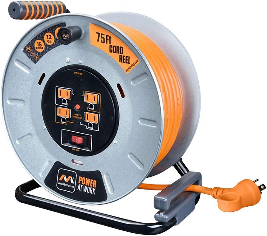 Heavy Duty Metal Cord Reel with 4 Outlets and 12 Gauge Cord (100ft) L46429