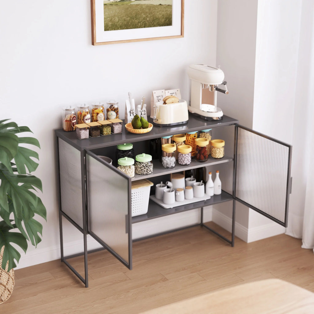 Gray Fluted Glass Sideboard Storage Cabinet Console Table O67401