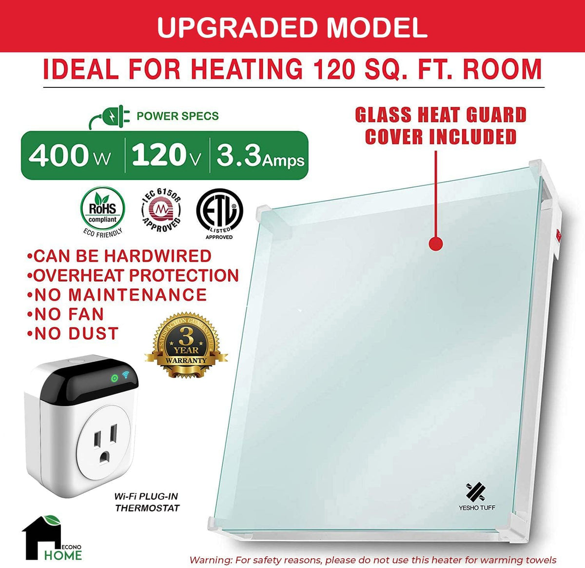 Wall Mount Smart Space Heater Panel, WiFi Thermostat, 400W Convection Heater K994311