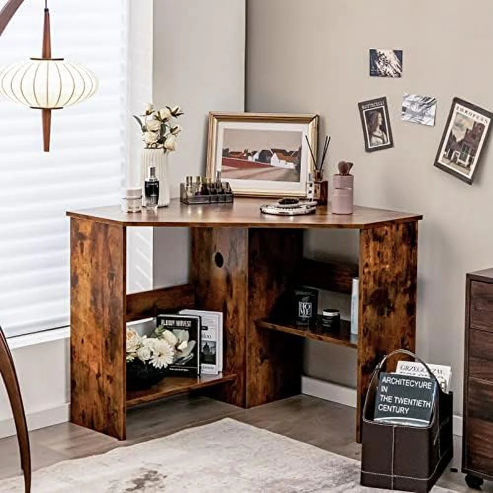 Corner Computer Desk Triangular Writing Desk with 2 Shelves W13936
