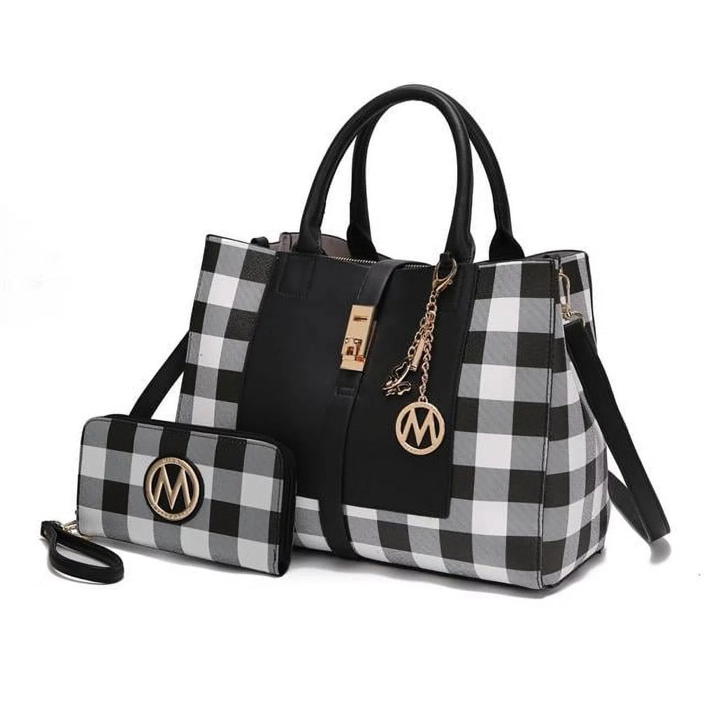 Vegan Leather Checkered Satchel Bag with Wallet 2 Piece Set K146919