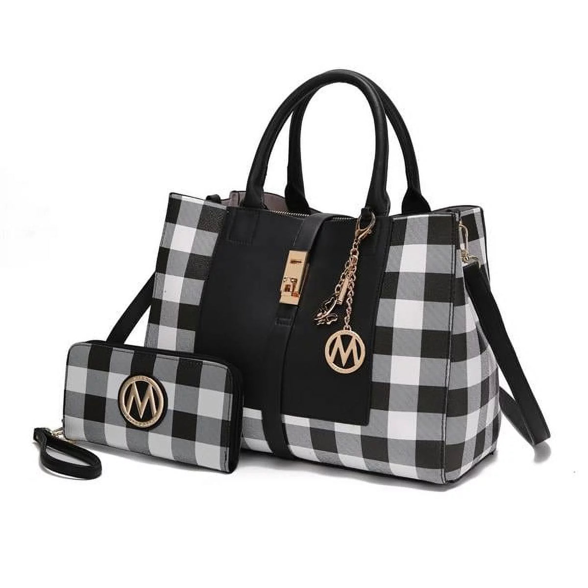 Vegan Leather Checkered Satchel Bag with Wallet 2 Piece Set K146919