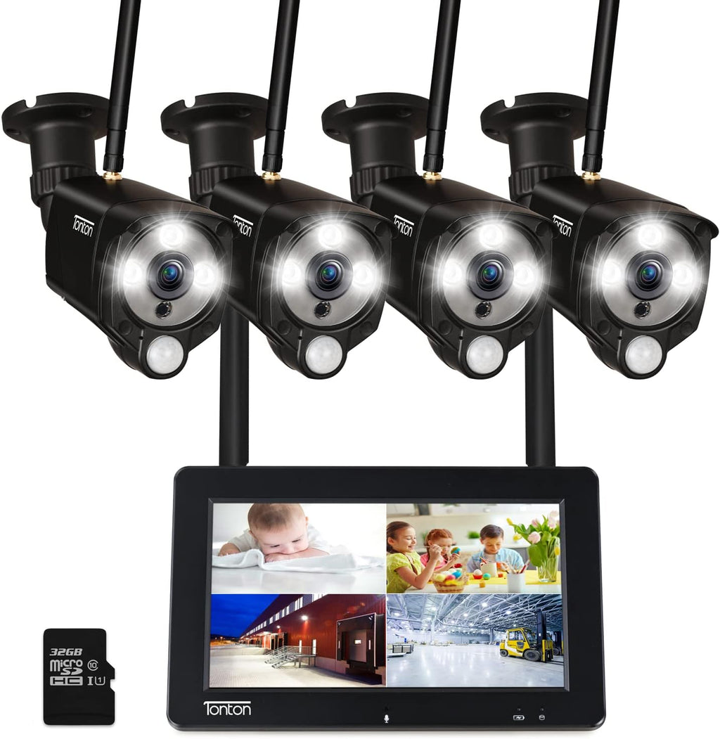 Portable LCD Security Camera System Wireless, 7" IPS Touchscreen Monitor with Battery, 4CH NVR and 4PCS 3MP Cameras with PIR Sensor, 32GB SD Card Included Z2793