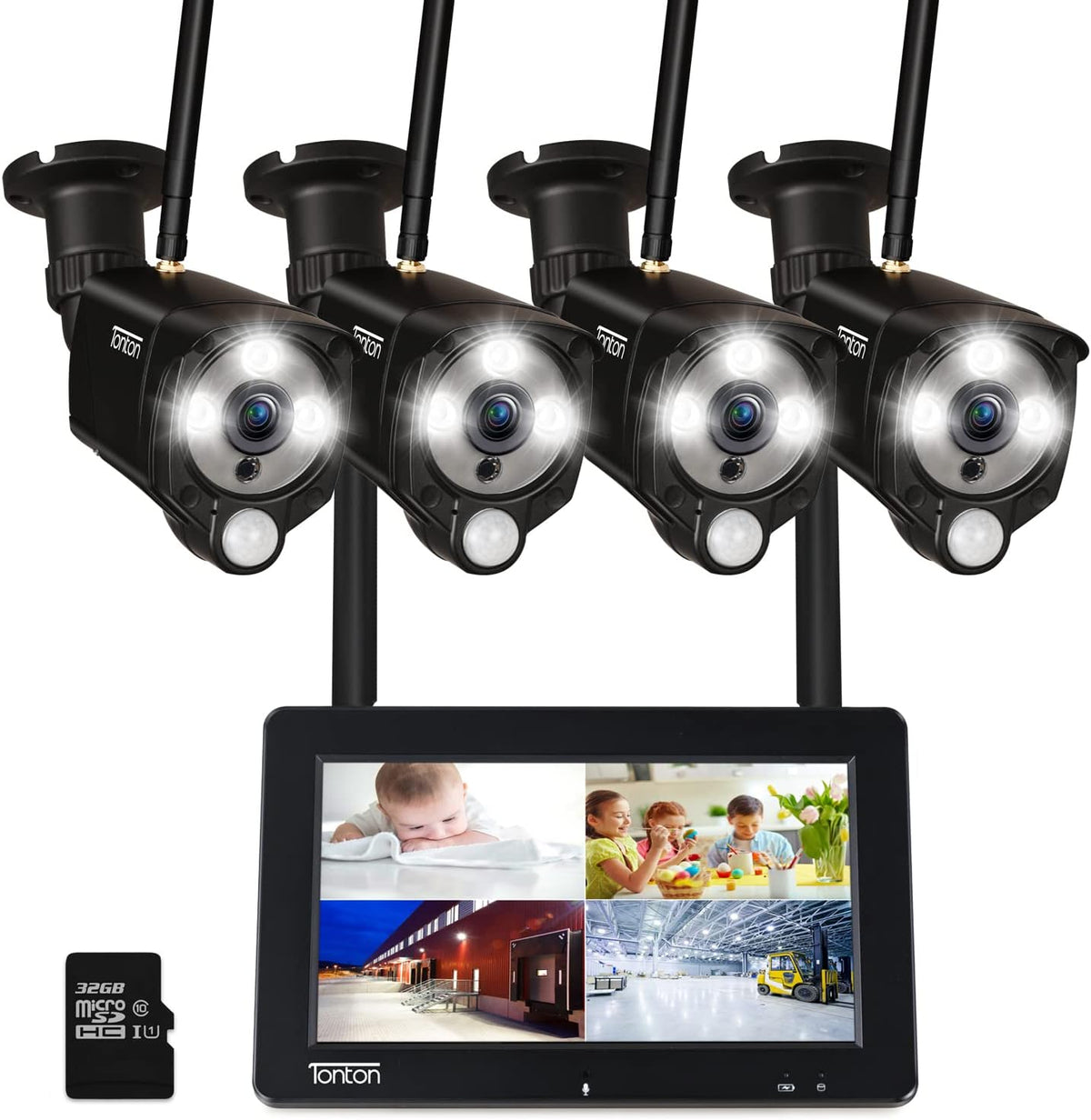 Portable LCD Security Camera System Wireless, 7" IPS Touchscreen Monitor with Battery, 4CH NVR and 4PCS 3MP Cameras with PIR Sensor, 32GB SD Card Included Z2793