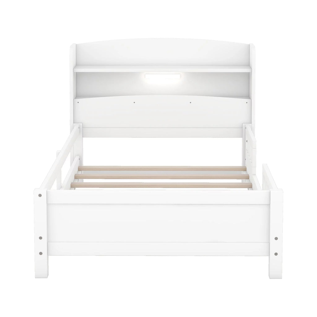 Twin Size Wood Platform Bed with Storage Headboard and Guardrail S570533