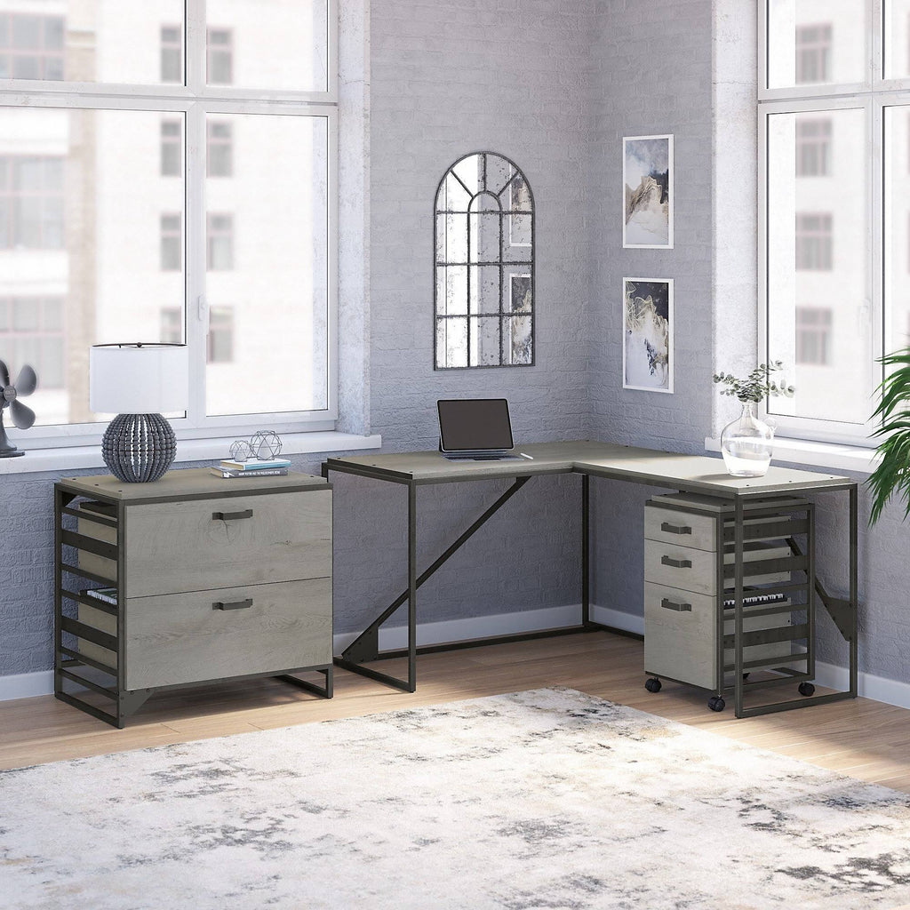 White L Shaped Industrial Desk with File Cabinets G118642