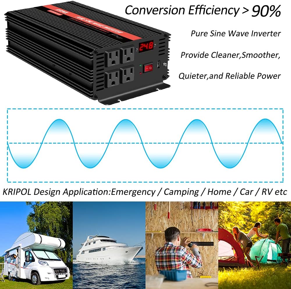 1000 Watt Pure Sine Wave Inverter 12v DC to 110/120v AC J2105