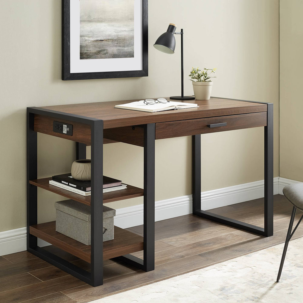48x22 Industrial Farmhouse Tech Desk with USB Dark Walnut W112656