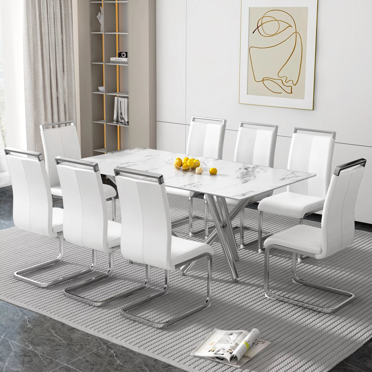 Rectangular Glass Dining Table for 6-8 People with Tempered Glass Top and Silver Metal Legs S1926