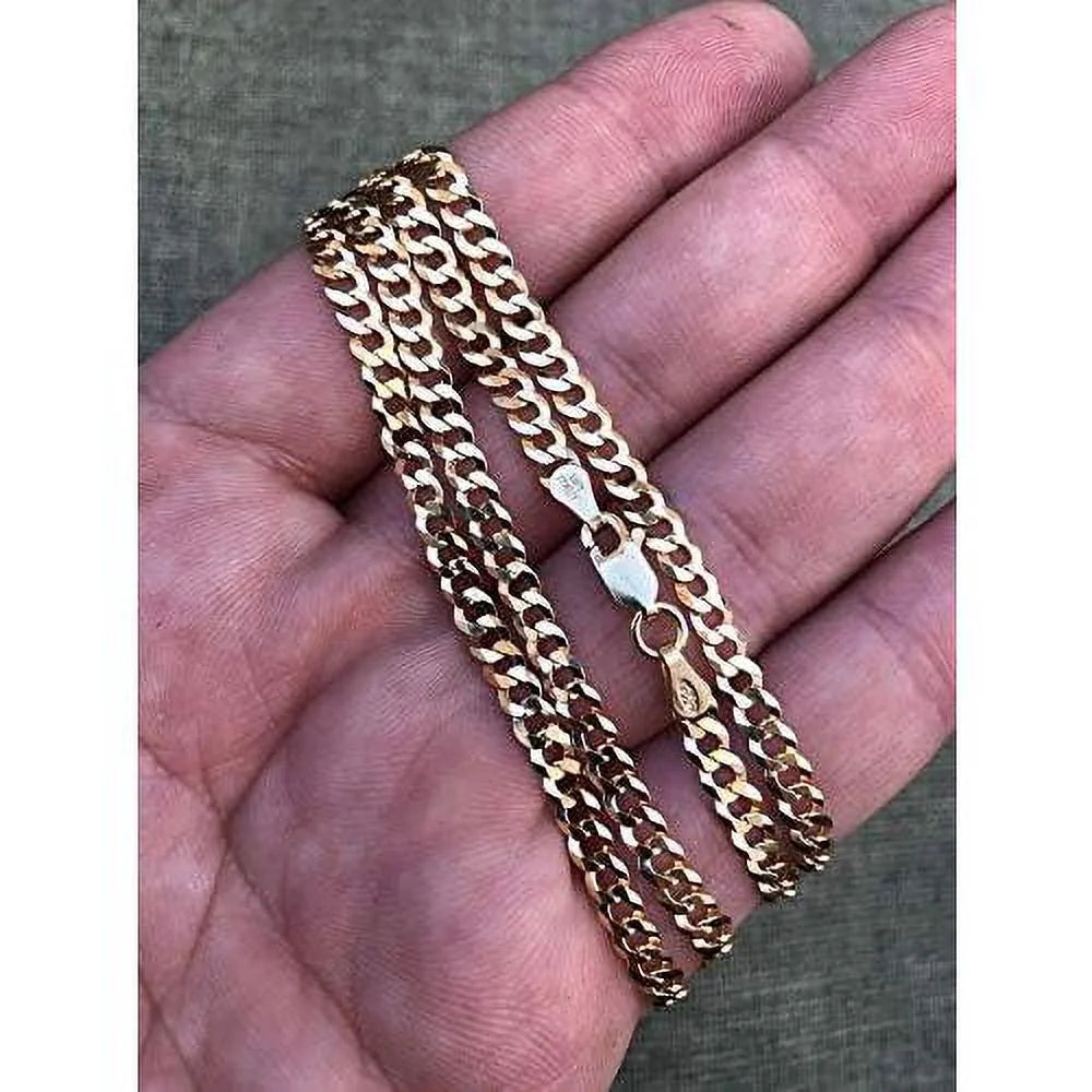 14k over solid 925 sterling silver flat cuban chain necklace C445430