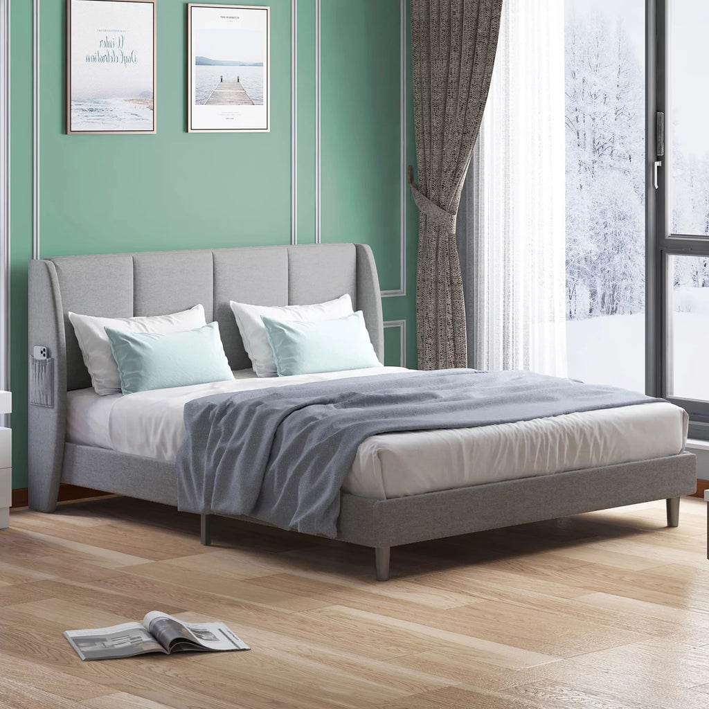 King Size Dark Gray Platform Bed Frame with Side Pockets O395899