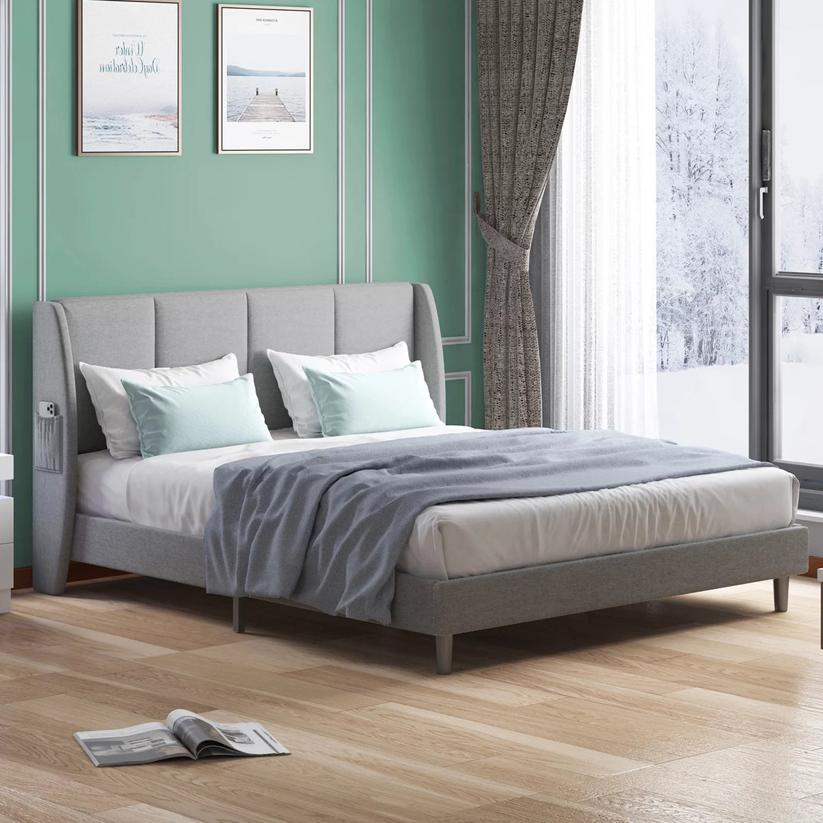 King Size Dark Gray Platform Bed Frame with Side Pockets O395899