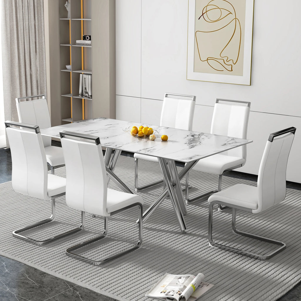 Rectangular Glass Dining Table for 6-8 People with Tempered Glass Top and Silver Metal Legs S1926