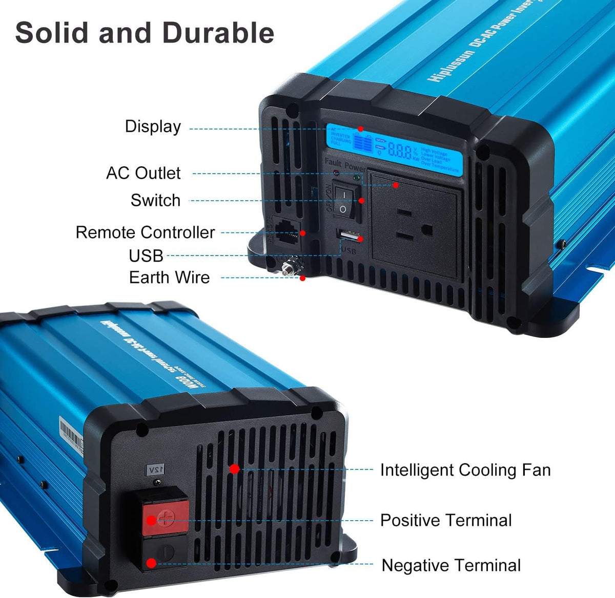 600 Watt Pure Sine Wave Power Inverter 12v to 110v DC to AC with USB and AC Outlet S390