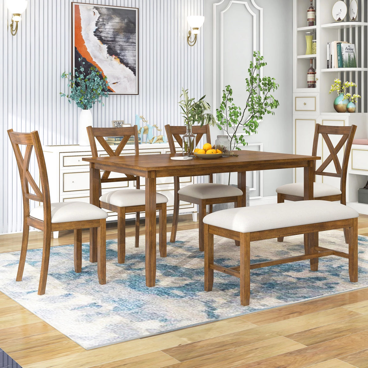 6-Piece Wooden Dining Table Set with 4 Chairs and Bench G9003
