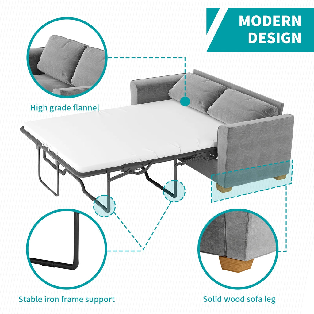Grey Velvet Full Size Pull Out Sofa Bed with Foam Mattress L1708