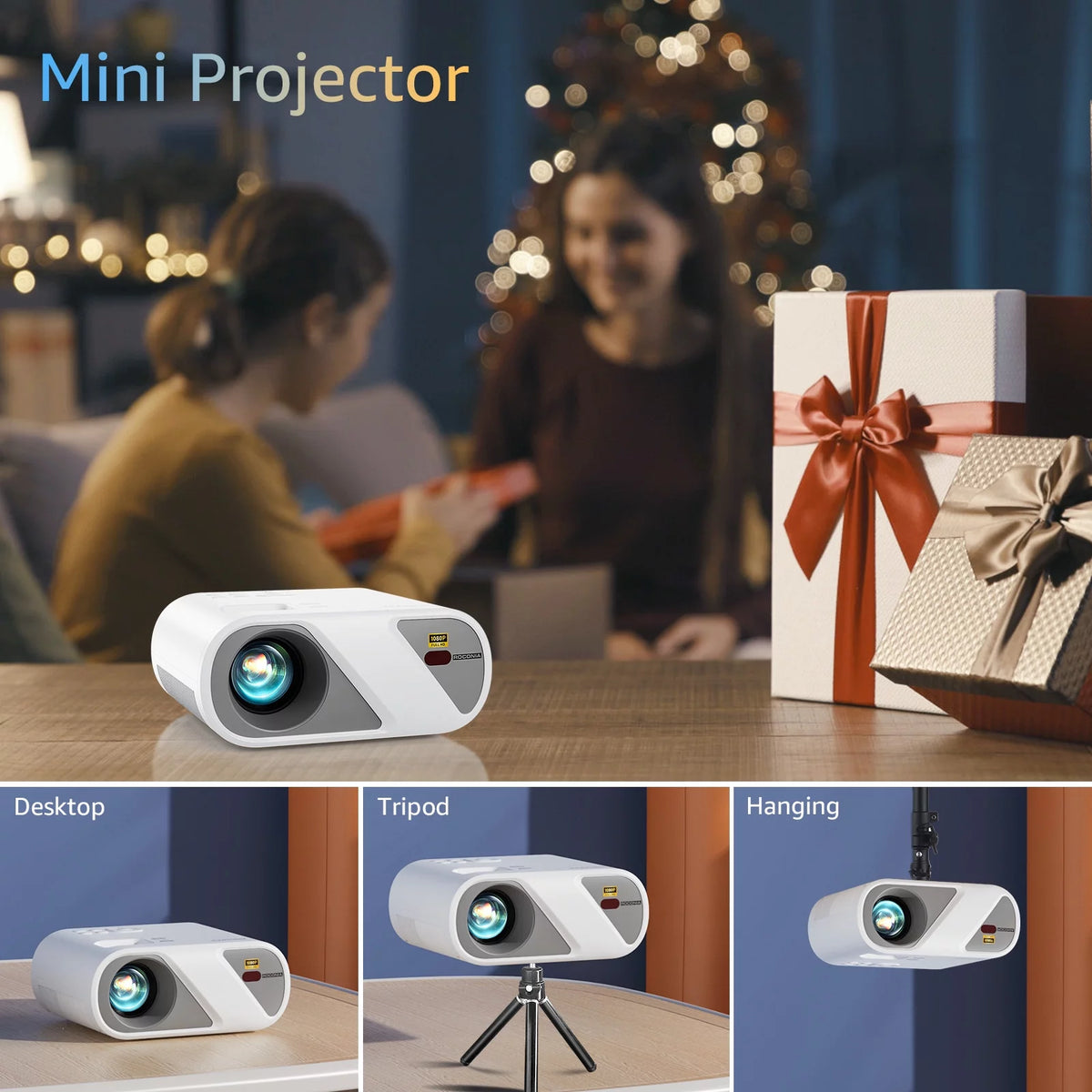 5G Wifi Mini Projector with 100 Projector Screen, Full HD 1080P, Black Y19233