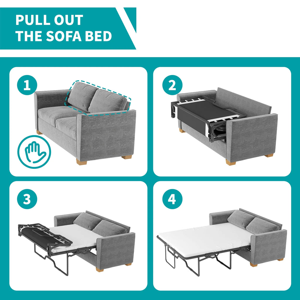 Grey Velvet Full Size Pull Out Sofa Bed with Foam Mattress L1708