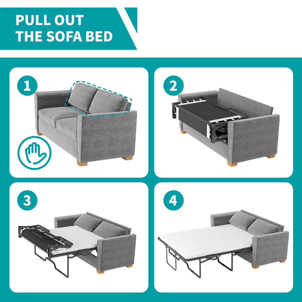 Grey Velvet Full Size Pull Out Sofa Bed with Foam Mattress L1708