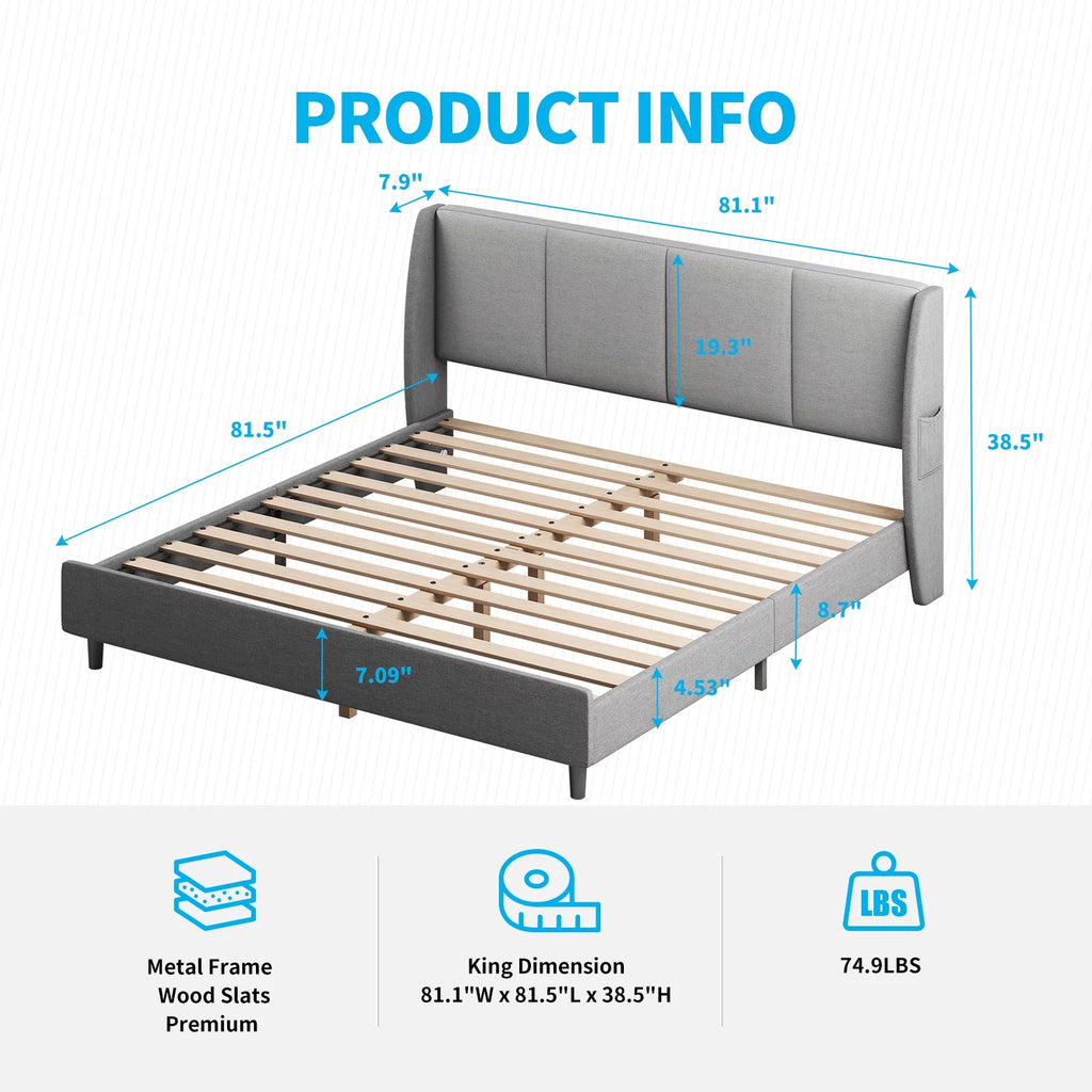 King Size Dark Gray Platform Bed Frame with Side Pockets O395899