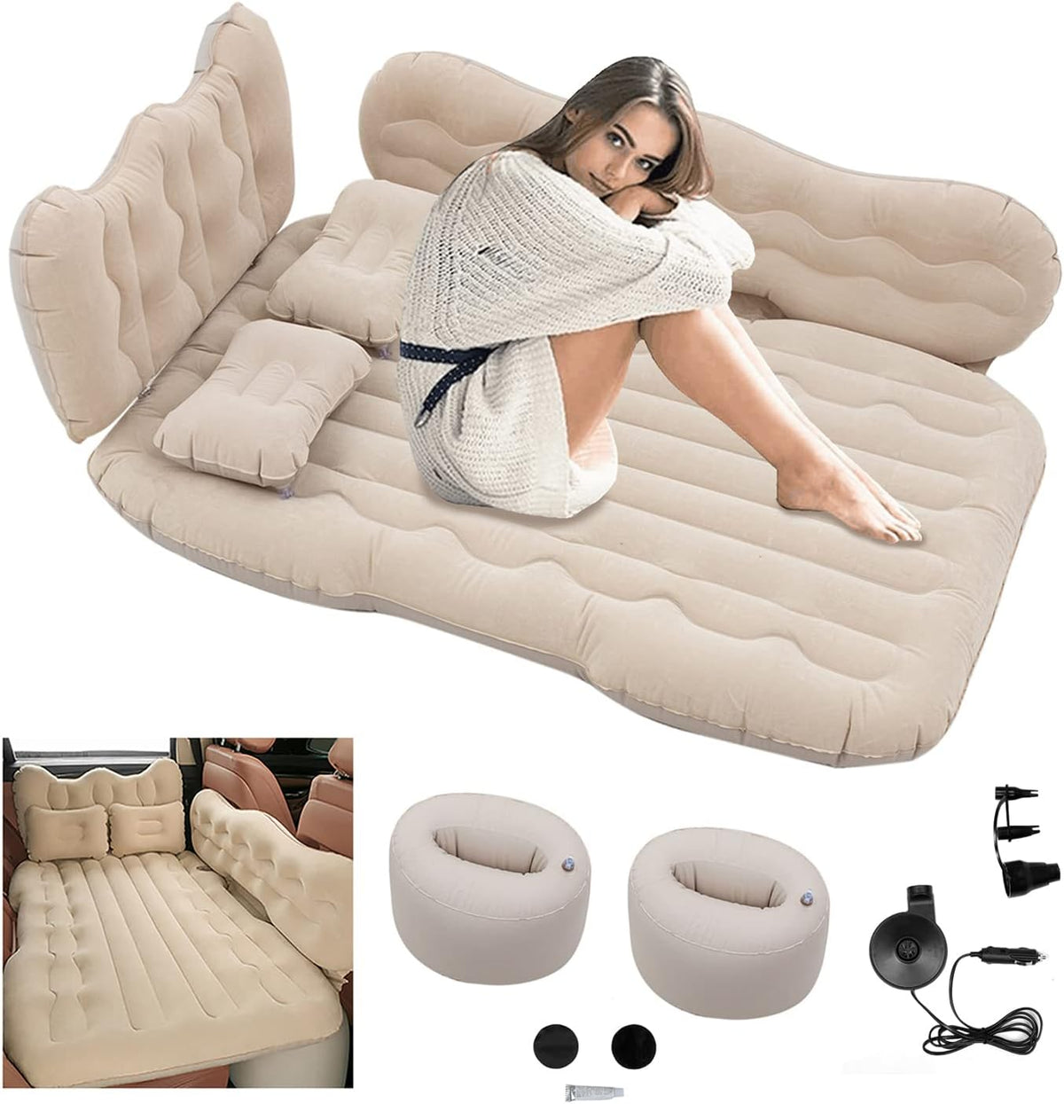 Beige Inflatable Car Air Mattress with Air Pump C602