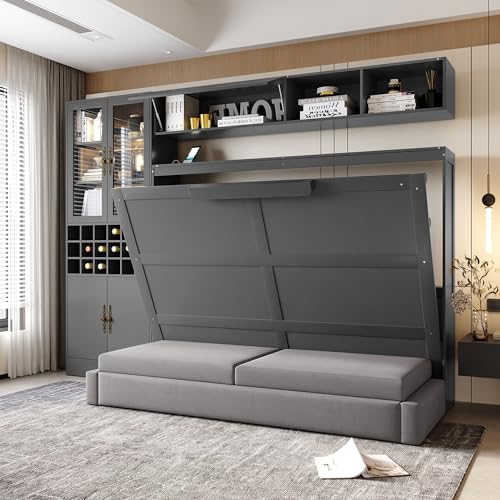 Grey Queen Size Murphy Bed with Sofa and Shelves H293