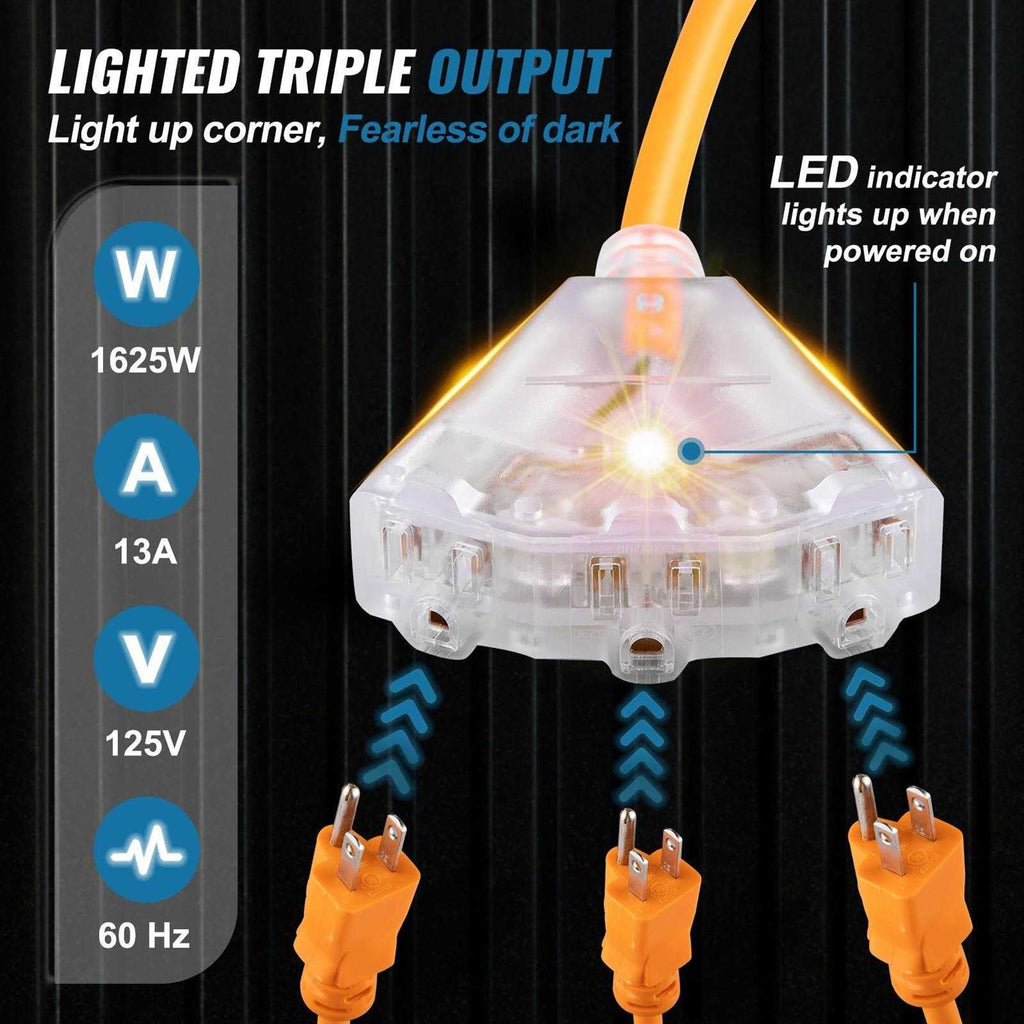 50 ft Heavy Duty 14AWG/3C SJTOW Retractable Extension Cord Reel with Lighted Triple Tap Outlet L446