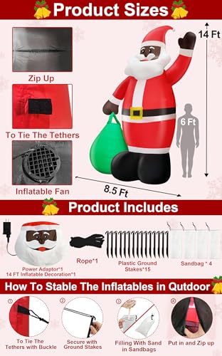 14 Ft by 8.5 Ft Giant Christmas Inflatable Santa Claus with Gift Bag Outdoor Decorations F794