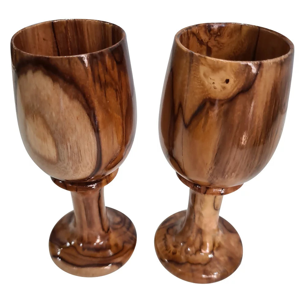 Rustic Dark Brown Wooden Wine Glass Goblet Drinkware Cup Set of 2 A67006