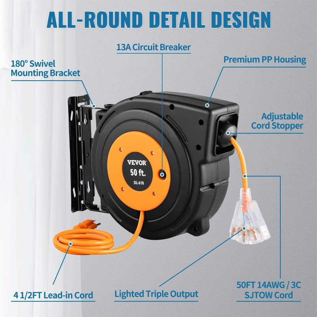50 ft Heavy Duty 14AWG/3C SJTOW Retractable Extension Cord Reel with Lighted Triple Tap Outlet L446