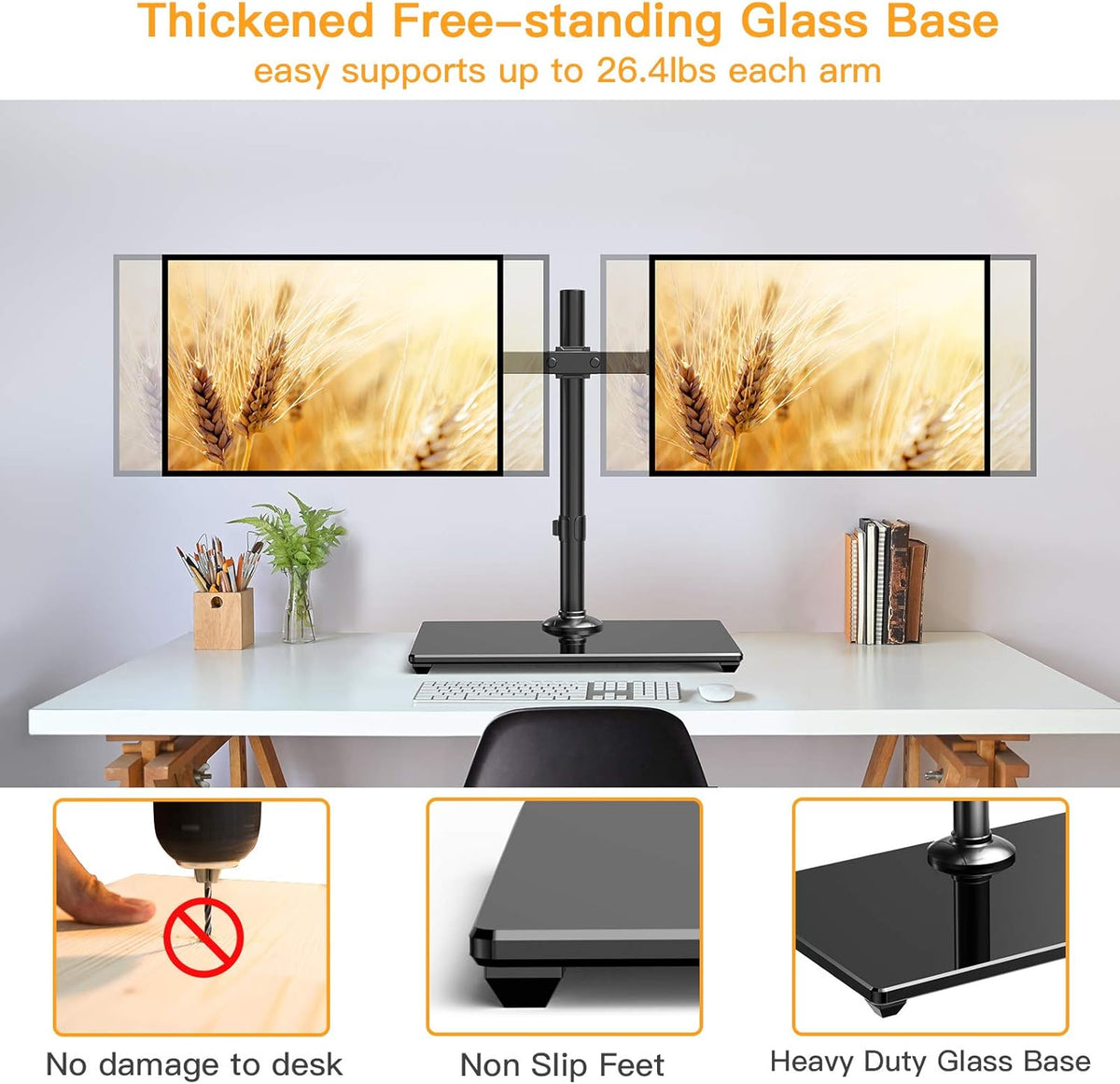 Dual Monitor Stand with Glass Base, Height Adjustable Two Arm Monitor Mount, Heavy Duty, Pack of 2 Q96151
